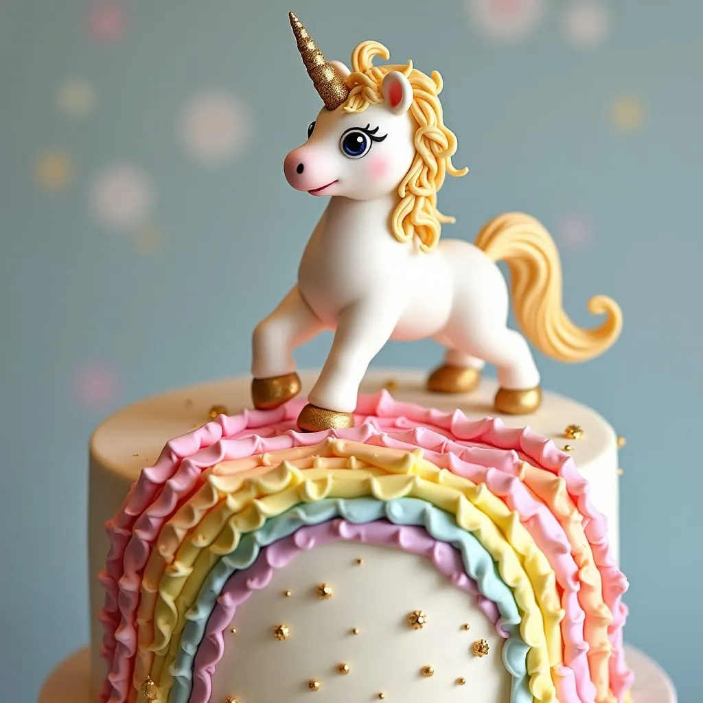 Magical unicorn cake with shimmering rainbow and golden accents