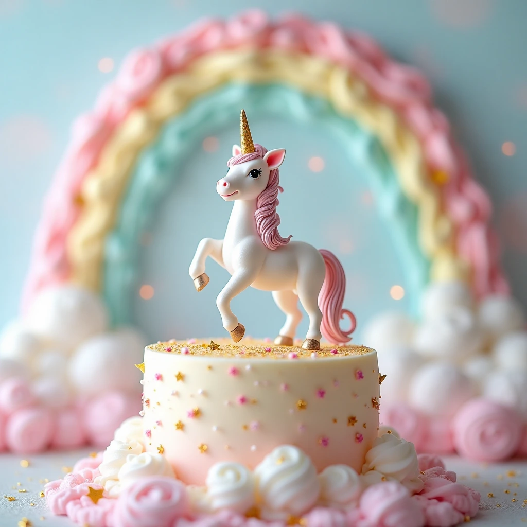 Unicorn cake with rainbow, gold icing, and edible glitter