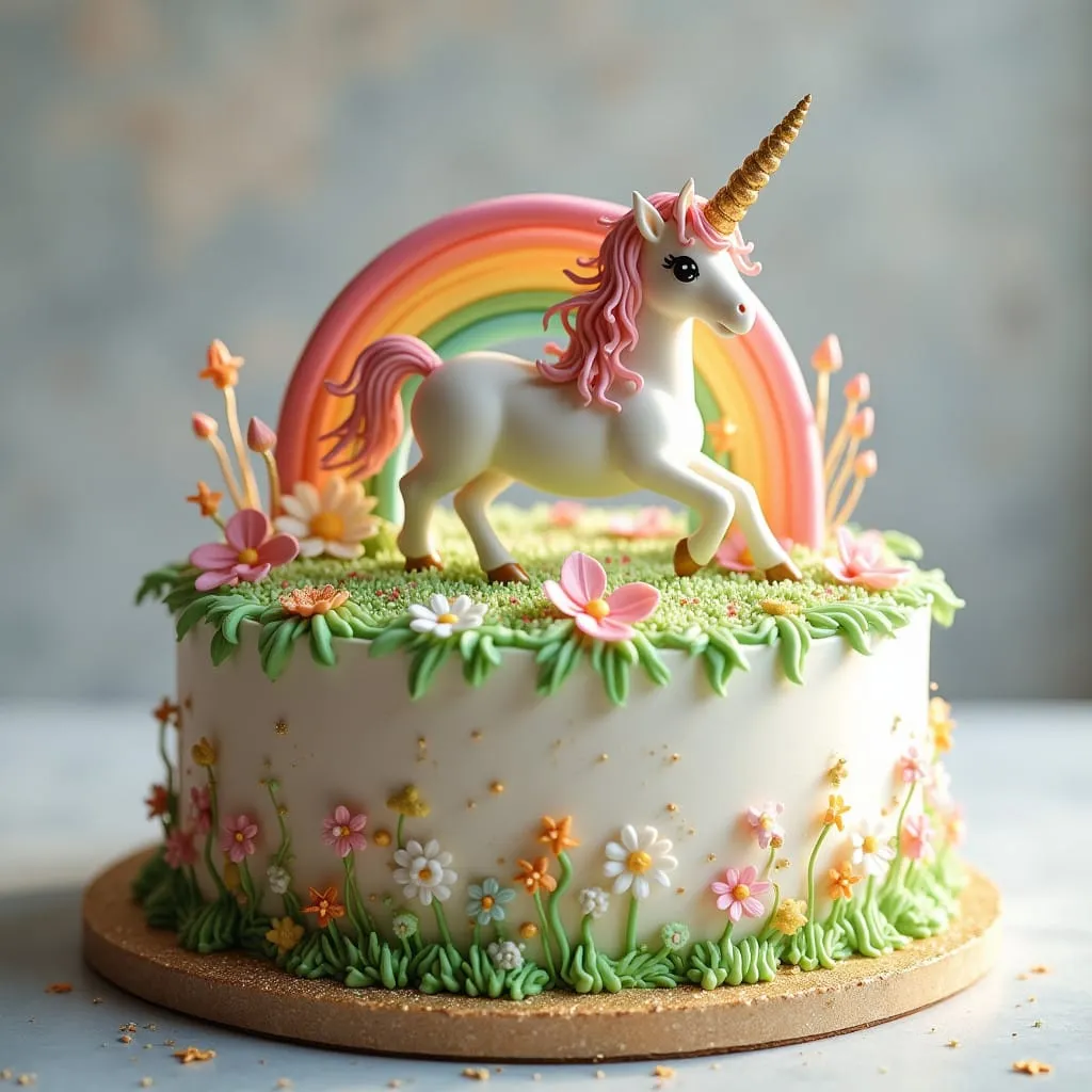 Unicorn cake with pearl and gold icing, sugar stars, and a glittery rainbow